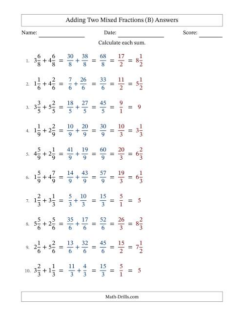 The Adding Two Mixed Fractions with Equal Denominators, Mixed Fractions Results and All Simplifying (B) Math Worksheet Page 2