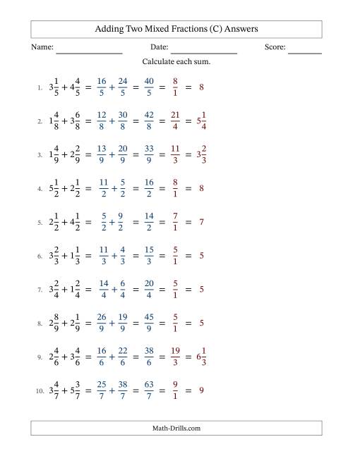 The Adding Two Mixed Fractions with Equal Denominators, Mixed Fractions Results and All Simplifying (C) Math Worksheet Page 2