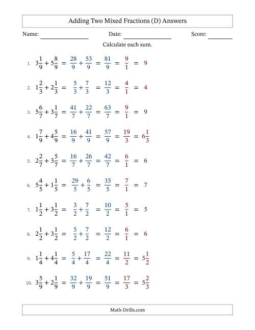 The Adding Two Mixed Fractions with Equal Denominators, Mixed Fractions Results and All Simplifying (D) Math Worksheet Page 2