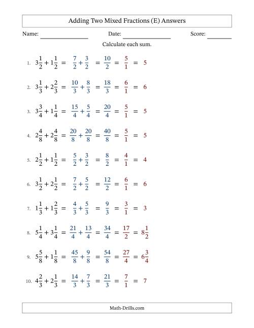 The Adding Two Mixed Fractions with Equal Denominators, Mixed Fractions Results and All Simplifying (E) Math Worksheet Page 2