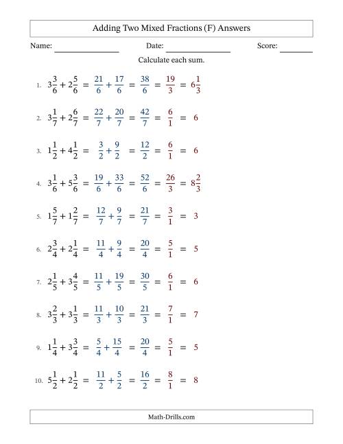 The Adding Two Mixed Fractions with Equal Denominators, Mixed Fractions Results and All Simplifying (F) Math Worksheet Page 2
