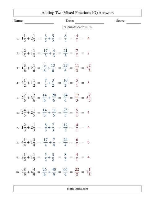 The Adding Two Mixed Fractions with Equal Denominators, Mixed Fractions Results and All Simplifying (G) Math Worksheet Page 2