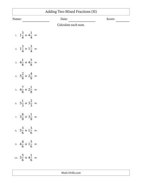 The Adding Two Mixed Fractions with Equal Denominators, Mixed Fractions Results and All Simplifying (H) Math Worksheet