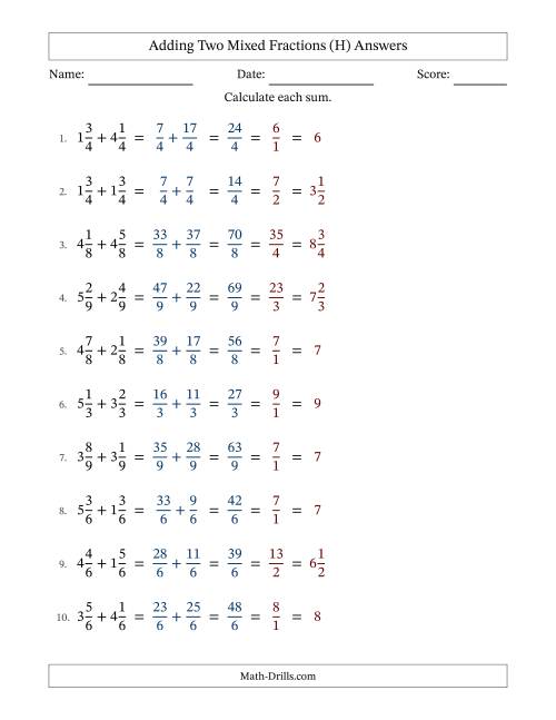 The Adding Two Mixed Fractions with Equal Denominators, Mixed Fractions Results and All Simplifying (H) Math Worksheet Page 2