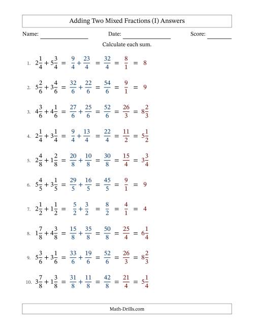 The Adding Two Mixed Fractions with Equal Denominators, Mixed Fractions Results and All Simplifying (I) Math Worksheet Page 2