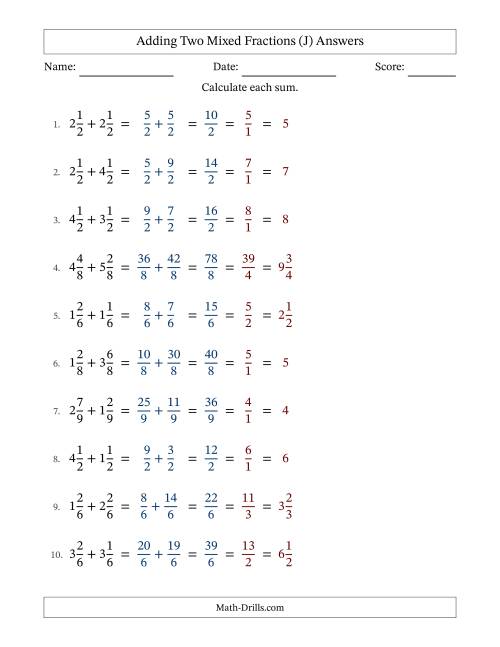 The Adding Two Mixed Fractions with Equal Denominators, Mixed Fractions Results and All Simplifying (J) Math Worksheet Page 2