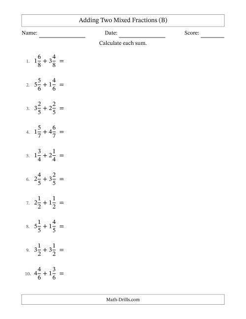 The Adding Two Mixed Fractions with Equal Denominators, Mixed Fractions Results and Some Simplifying (B) Math Worksheet