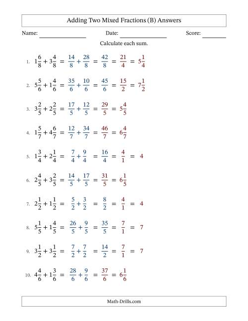 The Adding Two Mixed Fractions with Equal Denominators, Mixed Fractions Results and Some Simplifying (B) Math Worksheet Page 2