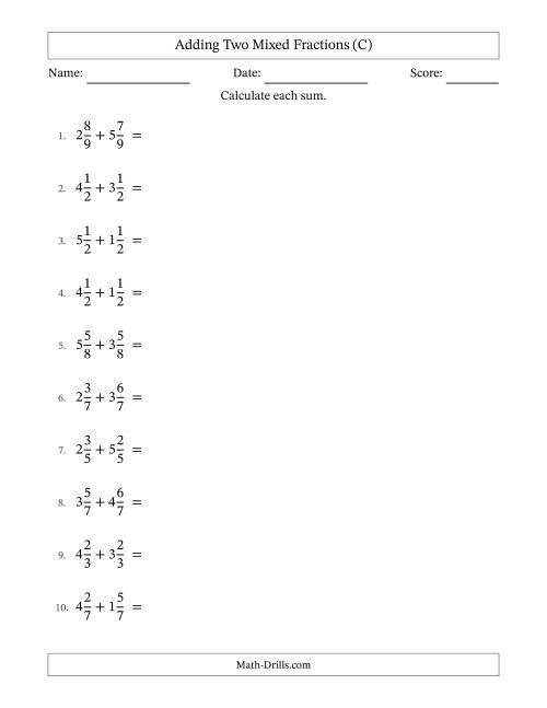 The Adding Two Mixed Fractions with Equal Denominators, Mixed Fractions Results and Some Simplifying (C) Math Worksheet