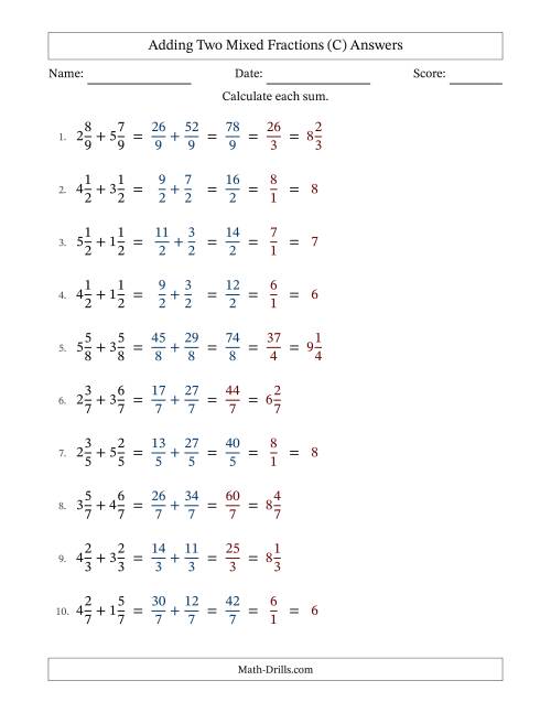 The Adding Two Mixed Fractions with Equal Denominators, Mixed Fractions Results and Some Simplifying (C) Math Worksheet Page 2