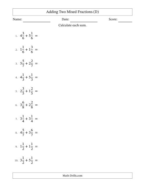 The Adding Two Mixed Fractions with Equal Denominators, Mixed Fractions Results and Some Simplifying (D) Math Worksheet