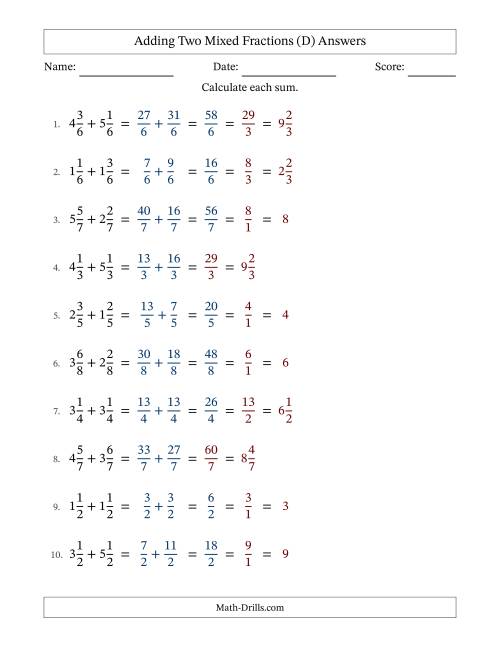 The Adding Two Mixed Fractions with Equal Denominators, Mixed Fractions Results and Some Simplifying (D) Math Worksheet Page 2