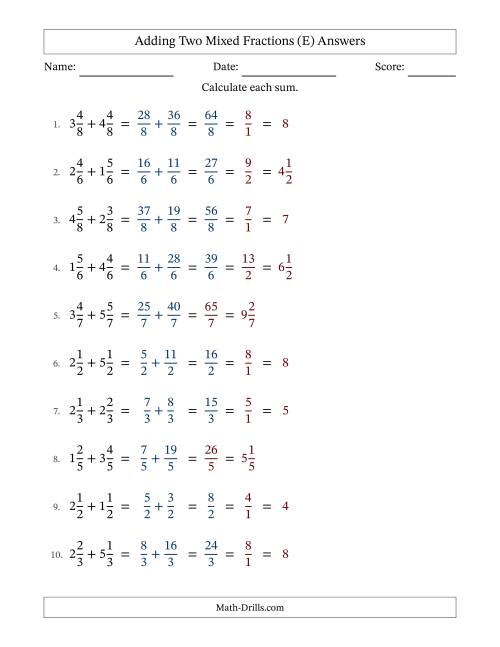 The Adding Two Mixed Fractions with Equal Denominators, Mixed Fractions Results and Some Simplifying (E) Math Worksheet Page 2