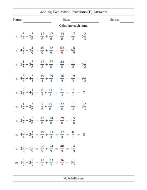 The Adding Two Mixed Fractions with Equal Denominators, Mixed Fractions Results and Some Simplifying (F) Math Worksheet Page 2