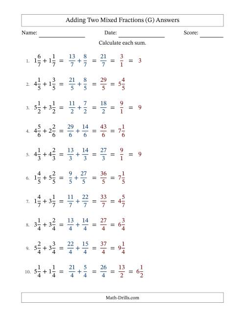 The Adding Two Mixed Fractions with Equal Denominators, Mixed Fractions Results and Some Simplifying (G) Math Worksheet Page 2