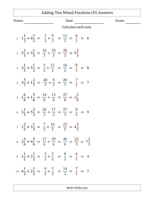 The Adding Two Mixed Fractions with Equal Denominators, Mixed Fractions Results and Some Simplifying (H) Math Worksheet Page 2