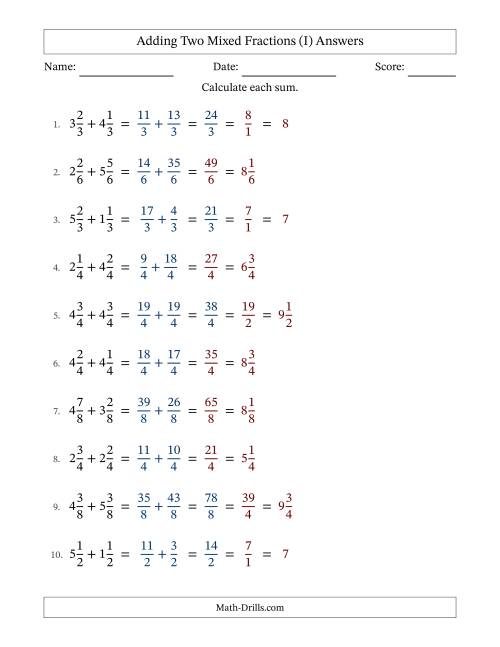The Adding Two Mixed Fractions with Equal Denominators, Mixed Fractions Results and Some Simplifying (I) Math Worksheet Page 2