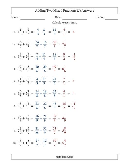 The Adding Two Mixed Fractions with Equal Denominators, Mixed Fractions Results and Some Simplifying (J) Math Worksheet Page 2