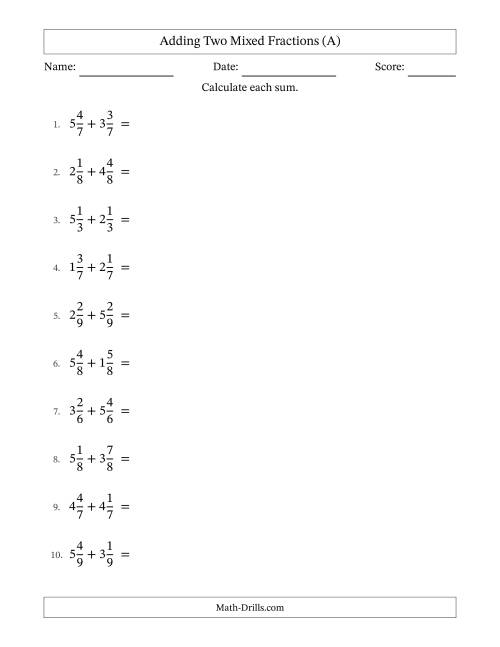 The Adding Two Mixed Fractions with Equal Denominators, Mixed Fractions Results and Some Simplifying (All) Math Worksheet