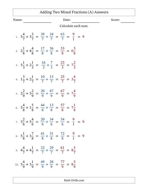 The Adding Two Mixed Fractions with Equal Denominators, Mixed Fractions Results and Some Simplifying (All) Math Worksheet Page 2
