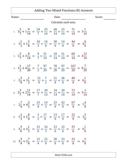 The Adding Two Mixed Fractions with Similar Denominators, Mixed Fractions Results and No Simplifying (B) Math Worksheet Page 2