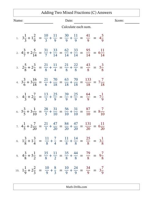 The Adding Two Mixed Fractions with Similar Denominators, Mixed Fractions Results and No Simplifying (C) Math Worksheet Page 2
