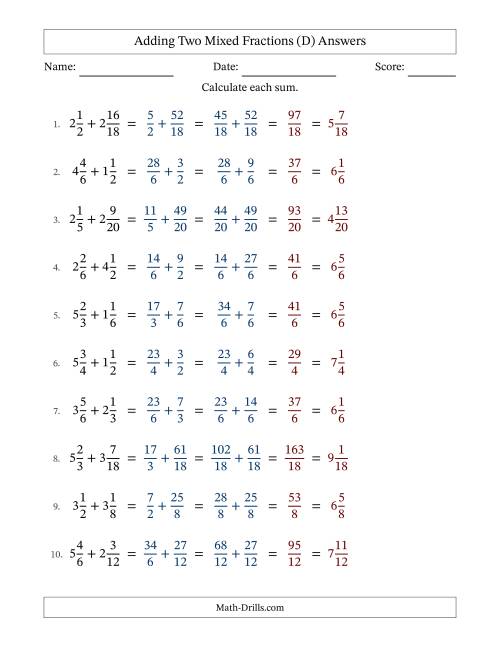 The Adding Two Mixed Fractions with Similar Denominators, Mixed Fractions Results and No Simplifying (D) Math Worksheet Page 2