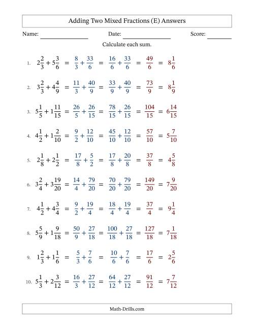 The Adding Two Mixed Fractions with Similar Denominators, Mixed Fractions Results and No Simplifying (E) Math Worksheet Page 2
