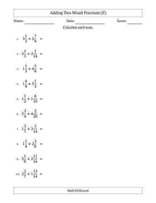 The Adding Two Mixed Fractions with Similar Denominators, Mixed Fractions Results and No Simplifying (F) Math Worksheet