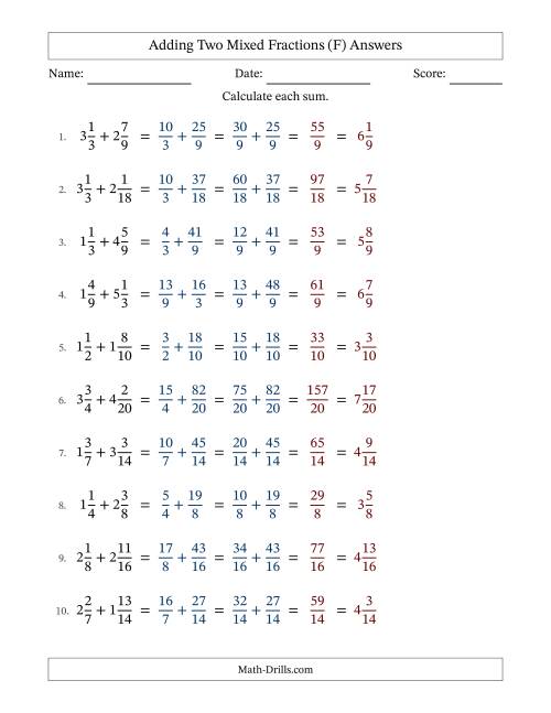The Adding Two Mixed Fractions with Similar Denominators, Mixed Fractions Results and No Simplifying (F) Math Worksheet Page 2