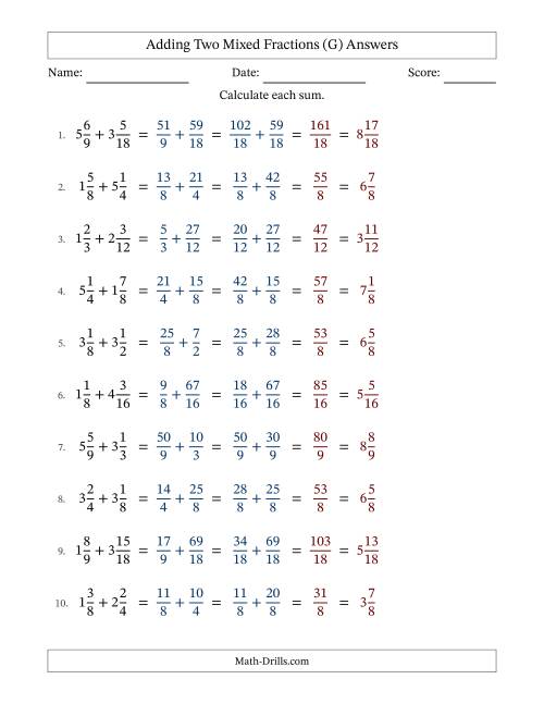 The Adding Two Mixed Fractions with Similar Denominators, Mixed Fractions Results and No Simplifying (G) Math Worksheet Page 2
