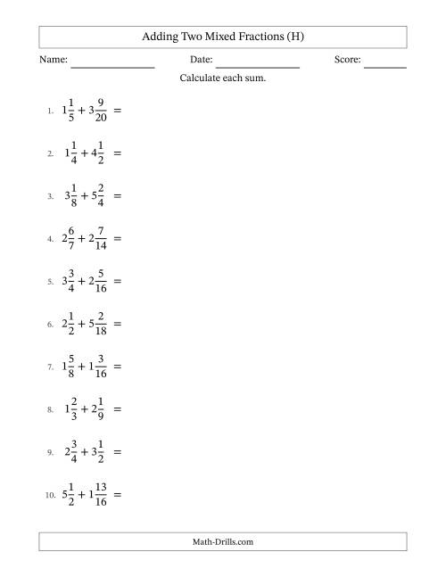 The Adding Two Mixed Fractions with Similar Denominators, Mixed Fractions Results and No Simplifying (H) Math Worksheet