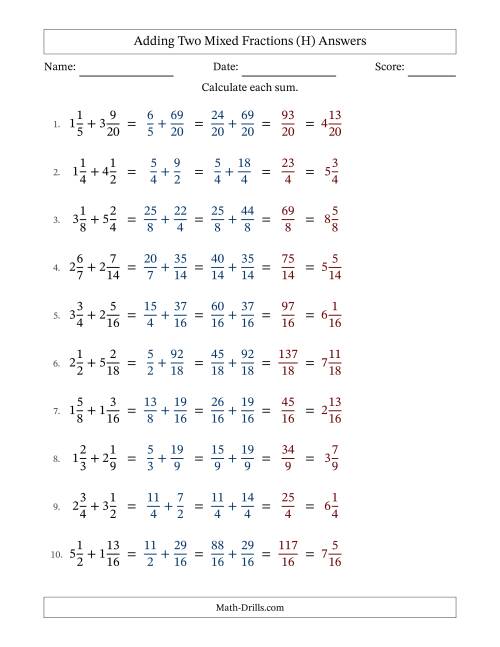 The Adding Two Mixed Fractions with Similar Denominators, Mixed Fractions Results and No Simplifying (H) Math Worksheet Page 2