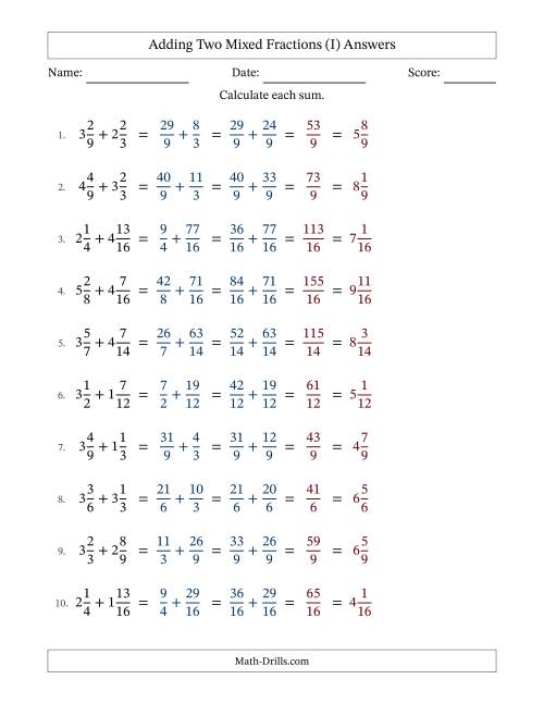 The Adding Two Mixed Fractions with Similar Denominators, Mixed Fractions Results and No Simplifying (I) Math Worksheet Page 2