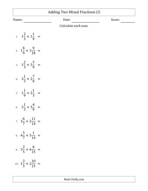 The Adding Two Mixed Fractions with Similar Denominators, Mixed Fractions Results and No Simplifying (J) Math Worksheet
