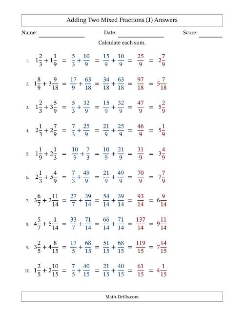 The Adding Two Mixed Fractions with Similar Denominators, Mixed Fractions Results and No Simplifying (J) Math Worksheet Page 2