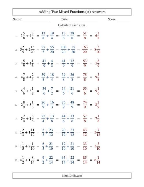 The Adding Two Mixed Fractions with Similar Denominators, Mixed Fractions Results and No Simplifying (All) Math Worksheet Page 2