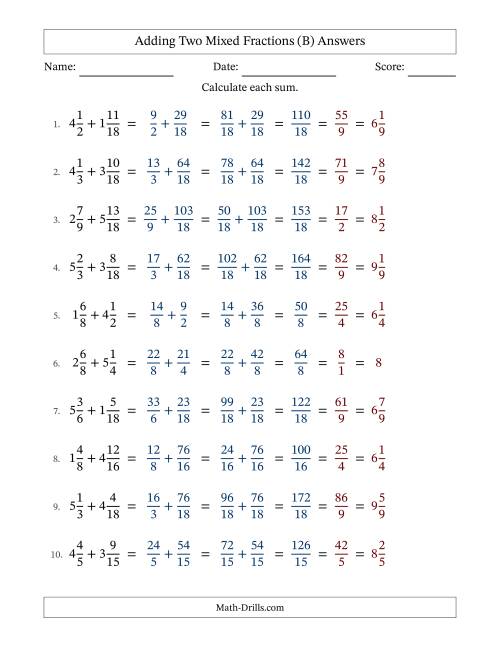 The Adding Two Mixed Fractions with Similar Denominators, Mixed Fractions Results and All Simplifying (B) Math Worksheet Page 2