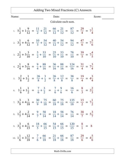 The Adding Two Mixed Fractions with Similar Denominators, Mixed Fractions Results and All Simplifying (C) Math Worksheet Page 2