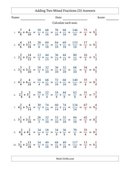 The Adding Two Mixed Fractions with Similar Denominators, Mixed Fractions Results and All Simplifying (D) Math Worksheet Page 2