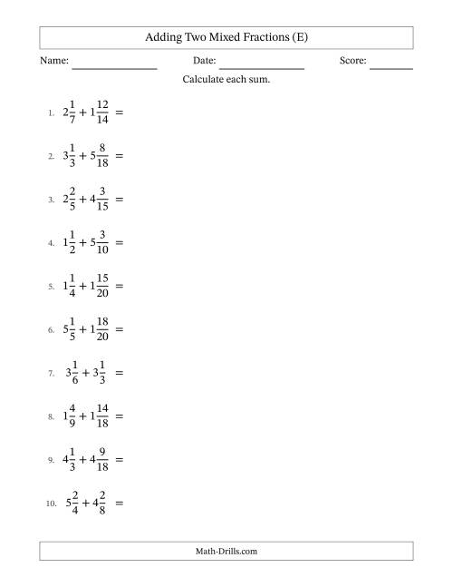 The Adding Two Mixed Fractions with Similar Denominators, Mixed Fractions Results and All Simplifying (E) Math Worksheet