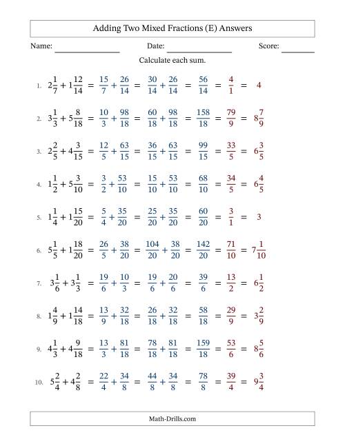 The Adding Two Mixed Fractions with Similar Denominators, Mixed Fractions Results and All Simplifying (E) Math Worksheet Page 2