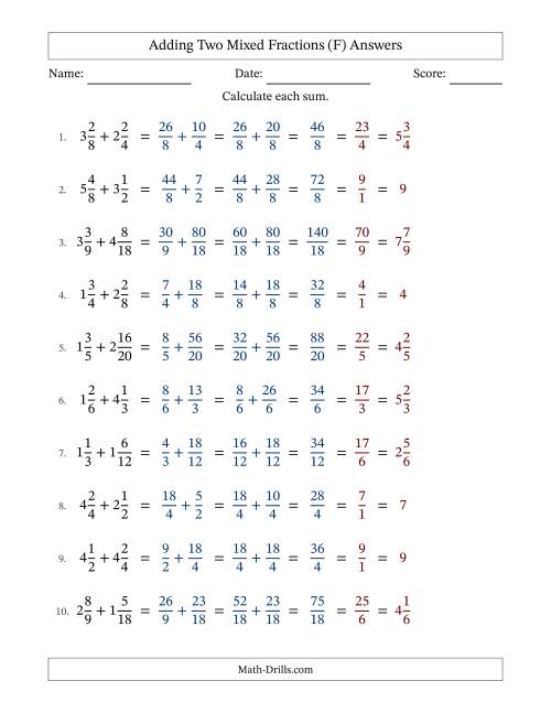 The Adding Two Mixed Fractions with Similar Denominators, Mixed Fractions Results and All Simplifying (F) Math Worksheet Page 2