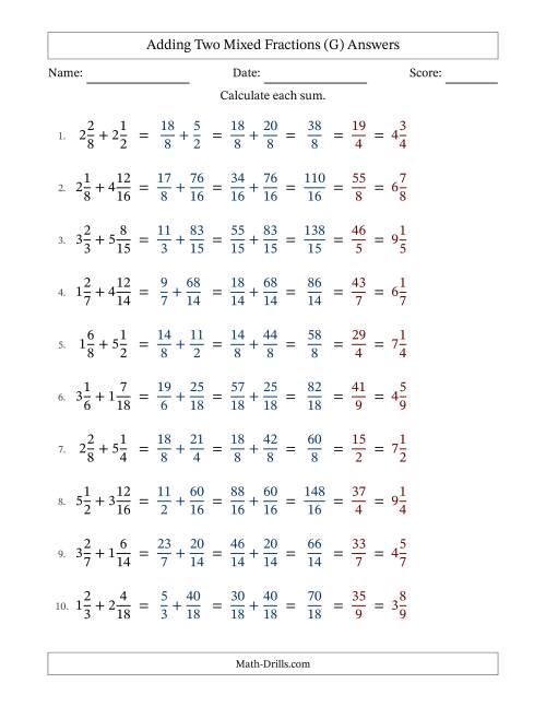 The Adding Two Mixed Fractions with Similar Denominators, Mixed Fractions Results and All Simplifying (G) Math Worksheet Page 2