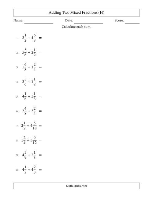 The Adding Two Mixed Fractions with Similar Denominators, Mixed Fractions Results and All Simplifying (H) Math Worksheet