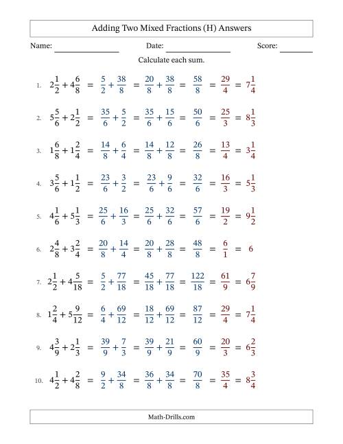 The Adding Two Mixed Fractions with Similar Denominators, Mixed Fractions Results and All Simplifying (H) Math Worksheet Page 2