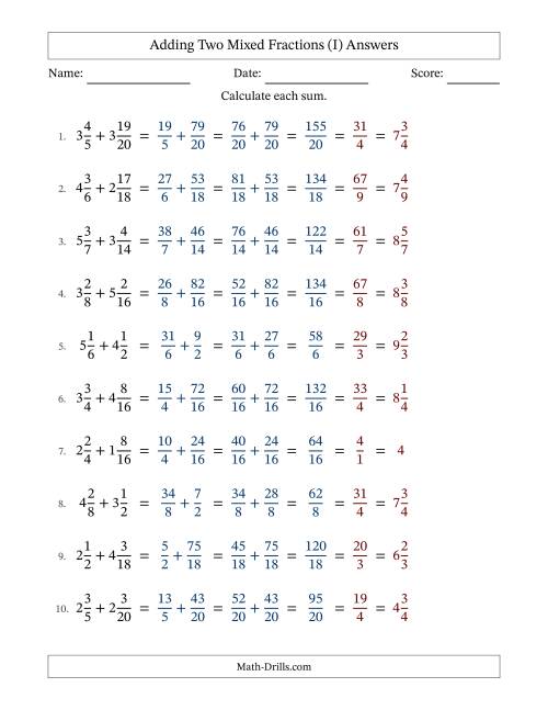 The Adding Two Mixed Fractions with Similar Denominators, Mixed Fractions Results and All Simplifying (I) Math Worksheet Page 2