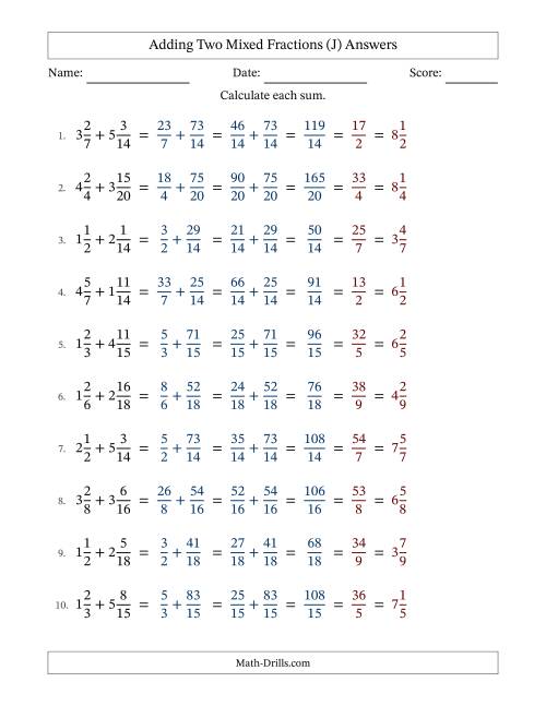 The Adding Two Mixed Fractions with Similar Denominators, Mixed Fractions Results and All Simplifying (J) Math Worksheet Page 2