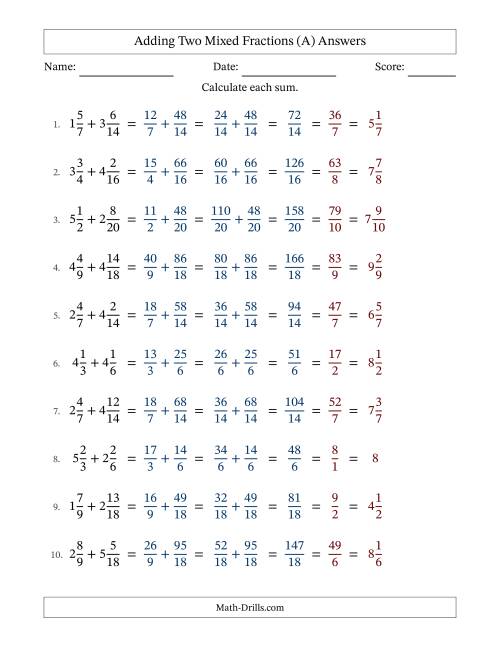 The Adding Two Mixed Fractions with Similar Denominators, Mixed Fractions Results and All Simplifying (All) Math Worksheet Page 2