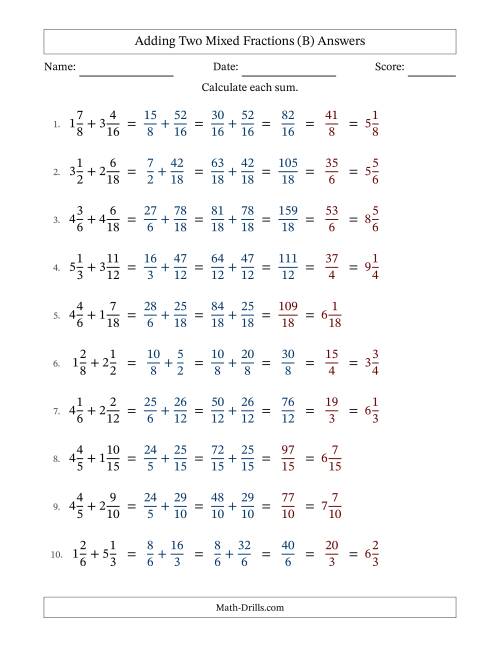 The Adding Two Mixed Fractions with Similar Denominators, Mixed Fractions Results and Some Simplifying (B) Math Worksheet Page 2